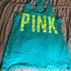 PINK Razor back tank blue w/ green sequin letters